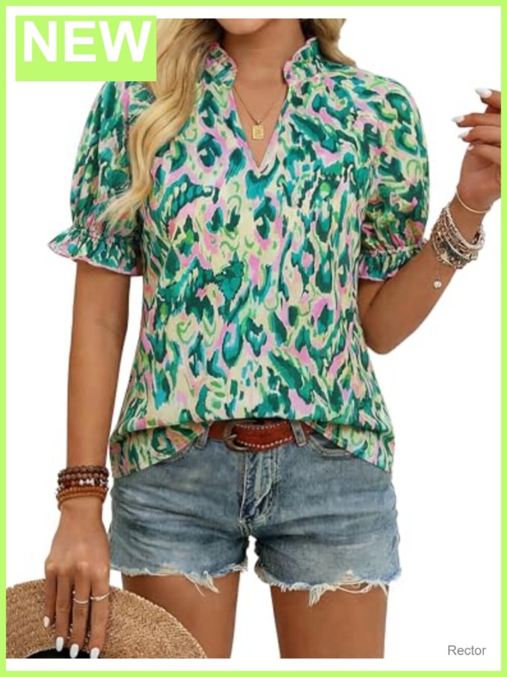 GRACE KARIN Womens Boho Cotton Floral Blouse V Neck Puff Sleeve Beach Top